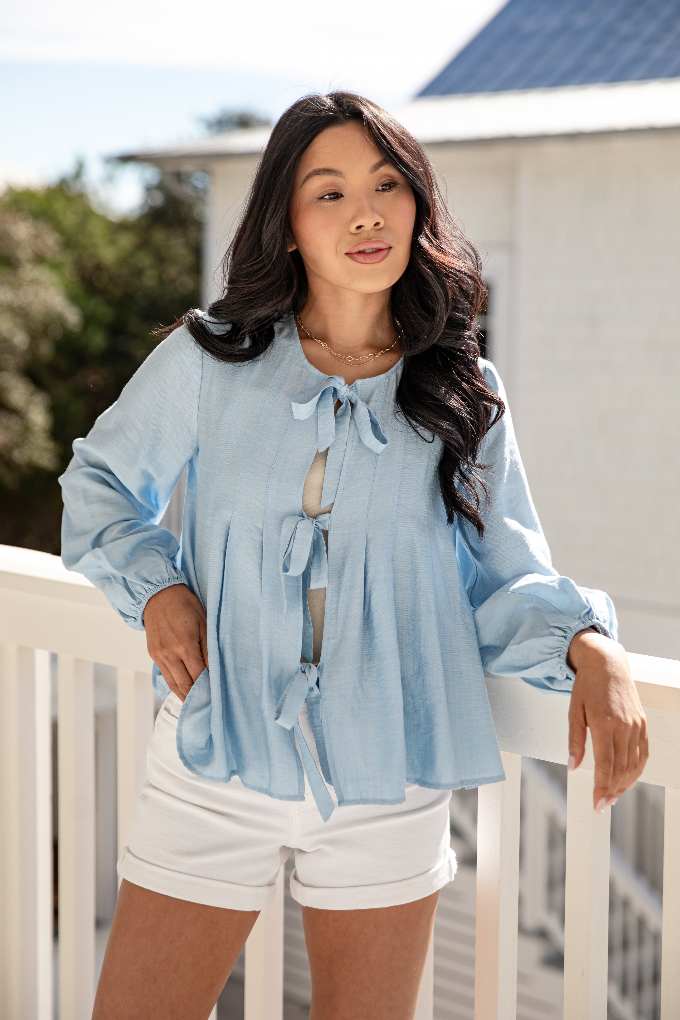 FINAL SALE - Skywashed Blue Tie-Front Blouse
