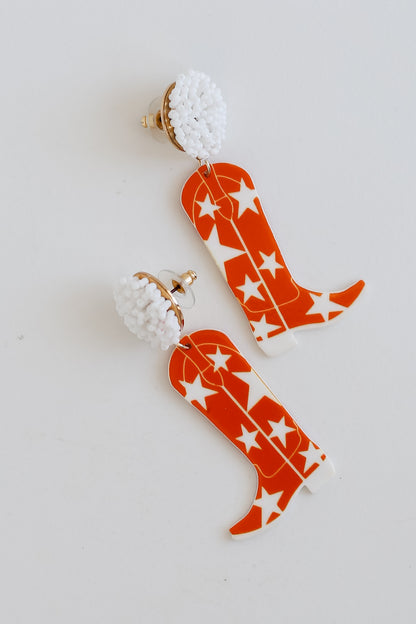 Orange + White Cowboy Boot Earrings for game day