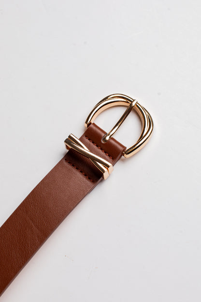 A close-up of a brown leather belt with a polished gold-tone buckle, shown on a clean white background.