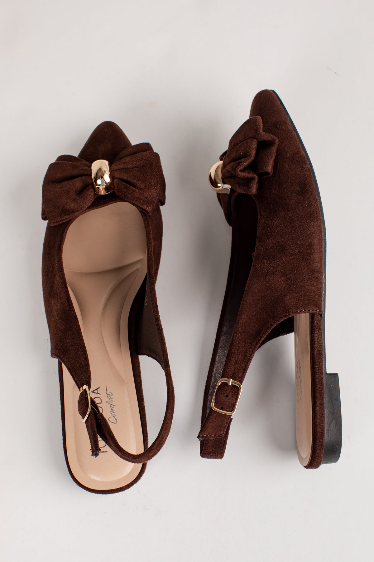 Pretty Detail Brown Bow Suede Slingback Flats
