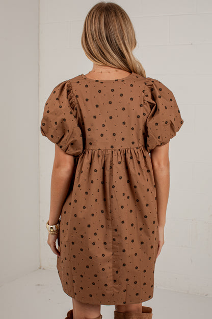 Chasing Autumn Brown Floral Puff Sleeve Mini Dress