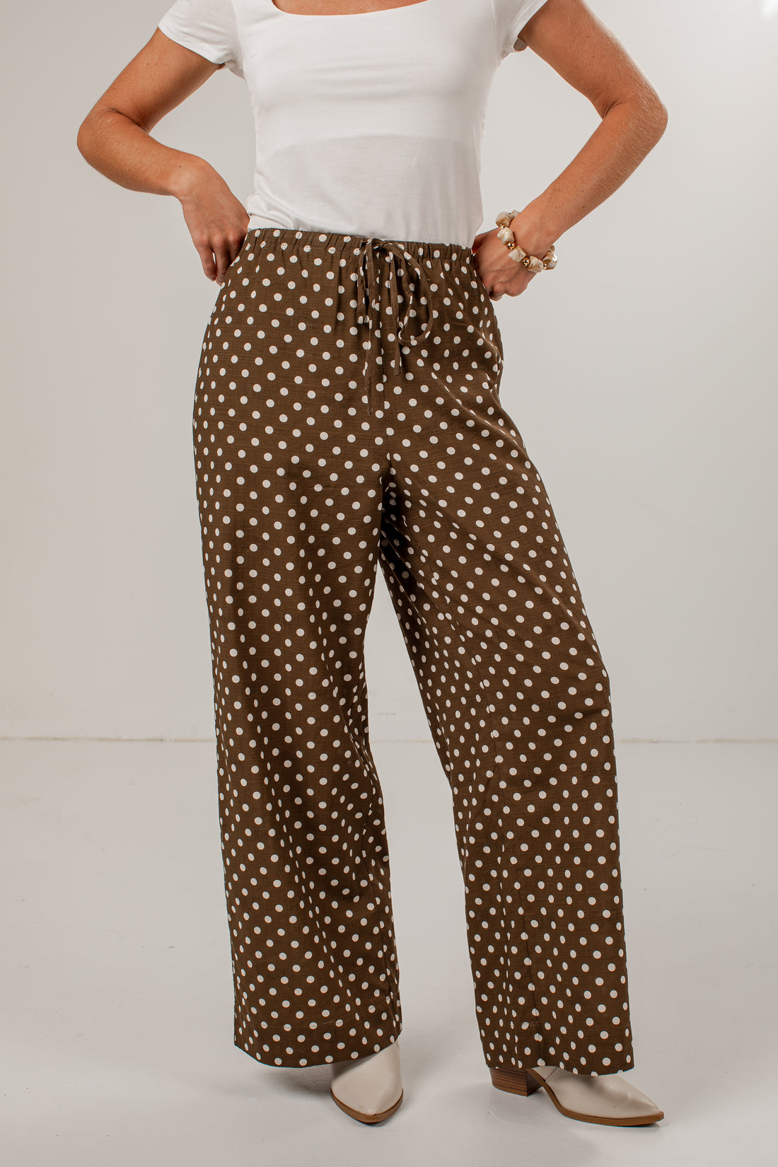 A model wearing brown wide-leg pants with a white polka dot pattern, styled with a white top and white pointed-toe heels against a plain light gray studio background.