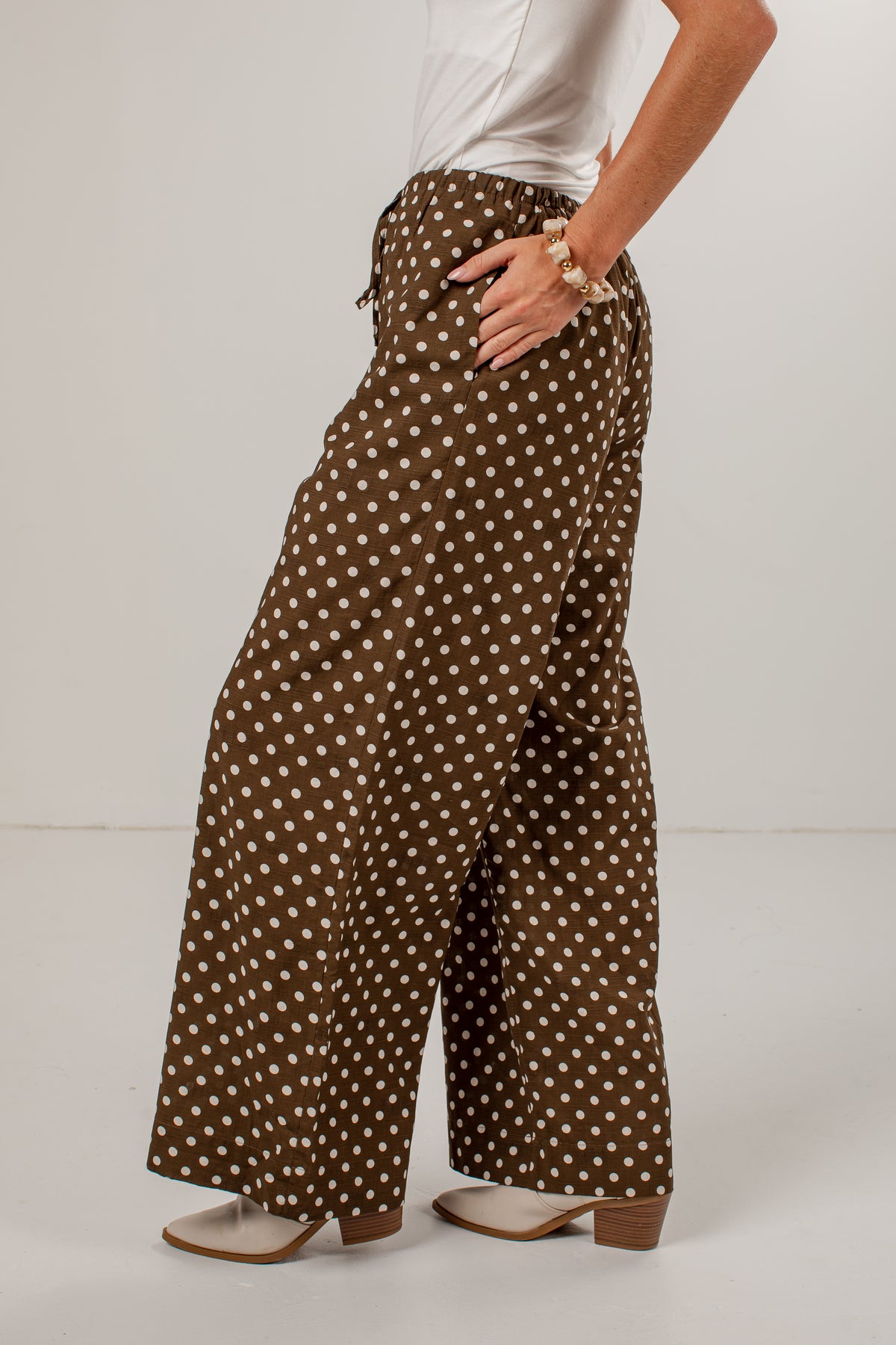 A person wearing brown wide-leg pants with a white polka dot pattern, styled with a white top and beige block-heel sandals against a plain light gray studio background.
