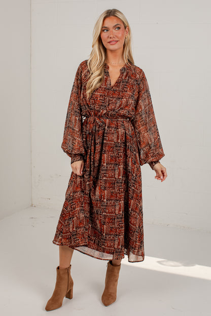 Flourish With Grace Brown Printed Midi Dress