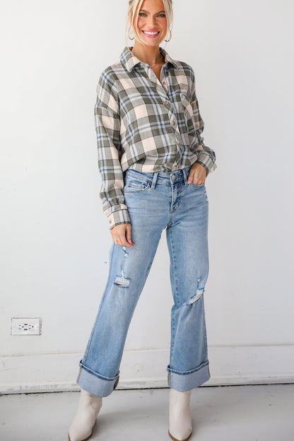 Maggie Light Wash Mid-Rise Cuffed Ankle Wide Jeans