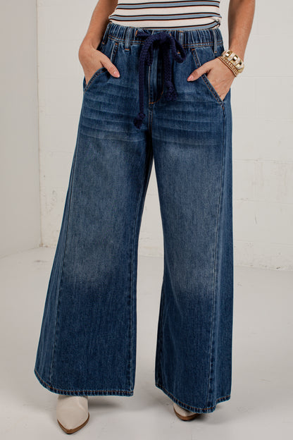 Plans In The City Wide Leg Drawstring Denim Pants