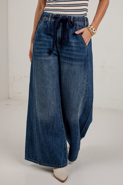 Plans In The City Wide Leg Drawstring Denim Pants