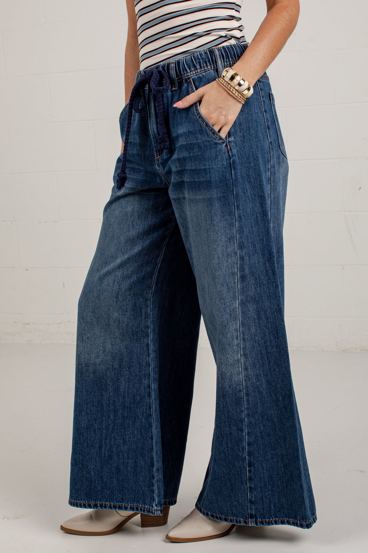Plans In The City Wide Leg Drawstring Denim Pants