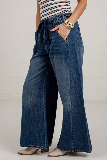 Plans In The City Wide Leg Drawstring Denim Pants