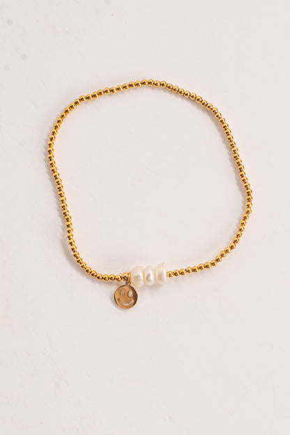 Ava Gold Beaded Pearl Smiley Face Charm Bracelet