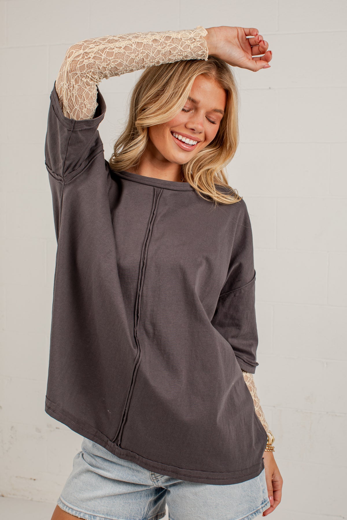 Life Well Loved Graphite Lace Sleeve Top
