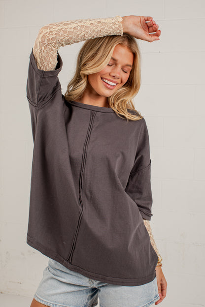 Life Well Loved Graphite Lace Sleeve Top