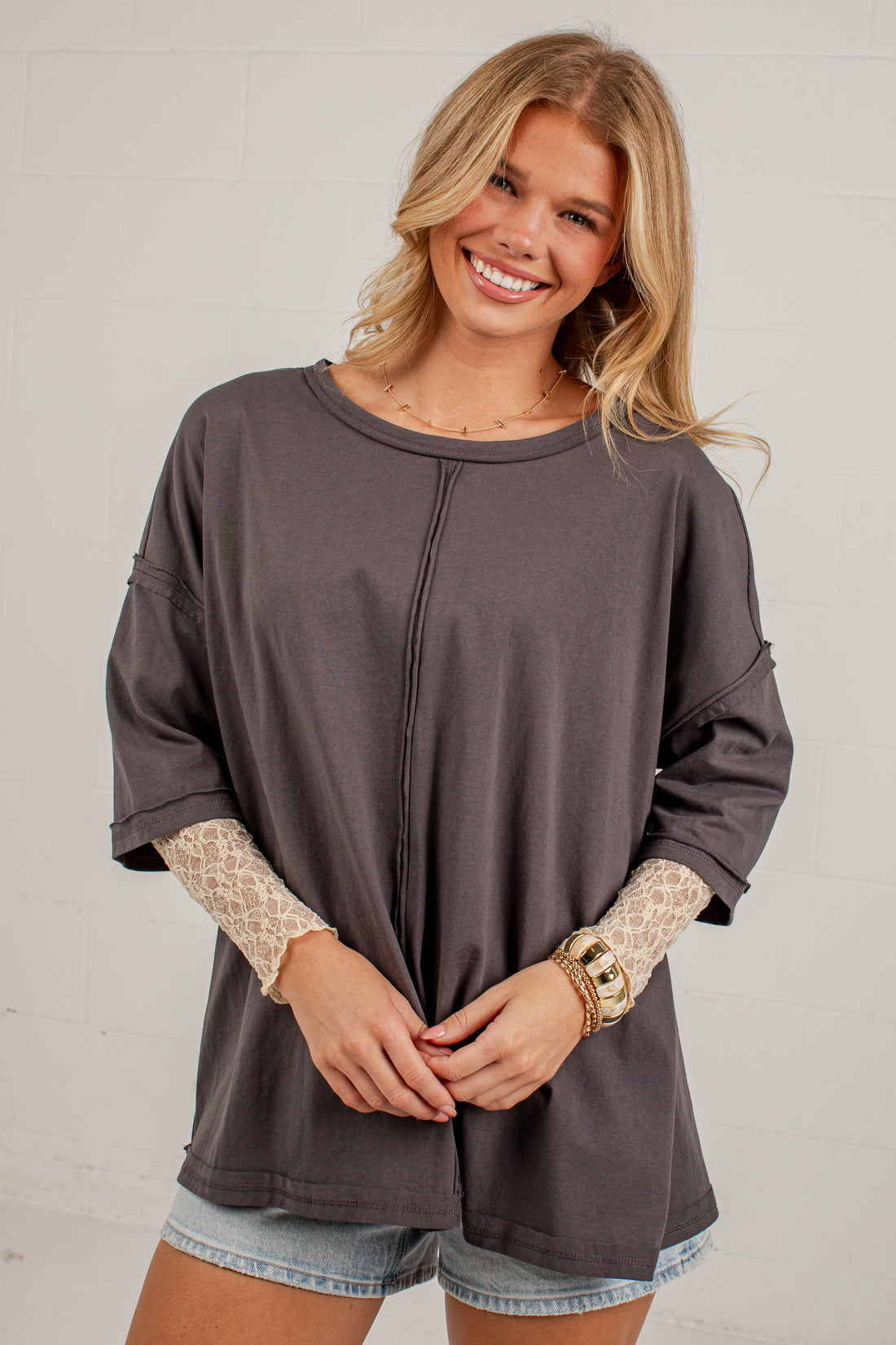 Life Well Loved Graphite Lace Sleeve Top