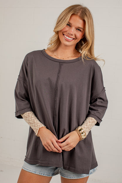 Life Well Loved Graphite Lace Sleeve Top