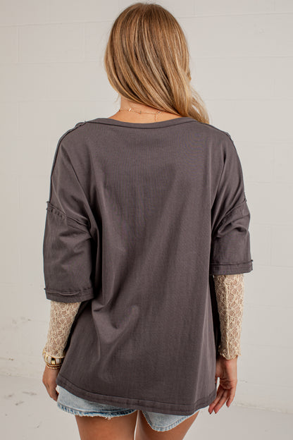 Life Well Loved Graphite Lace Sleeve Top