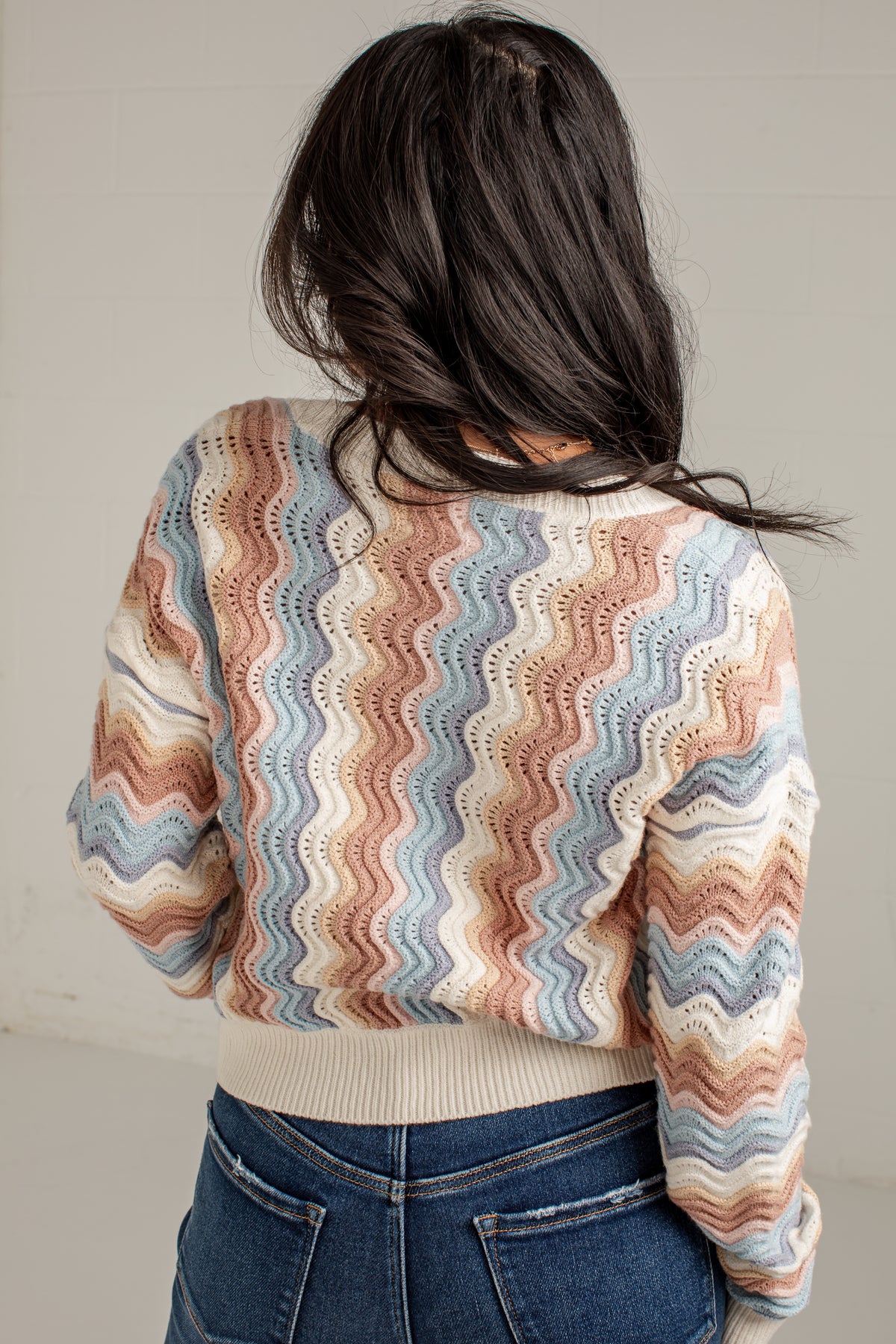 A person shown from the back wearing a cropped knit sweater with a wavy multicolor stripe pattern in beige, blue, pink, and brown, paired with blue jeans against a plain light wall.