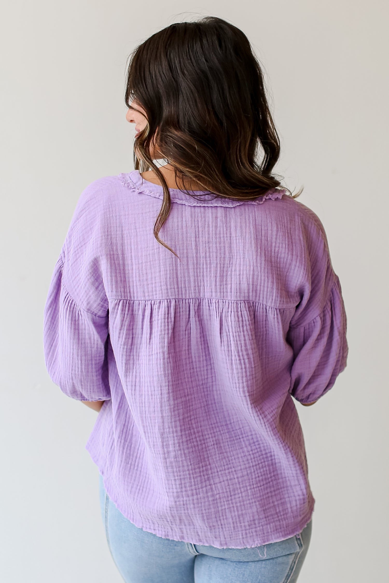 lavender Linen Babydoll Blouse back view