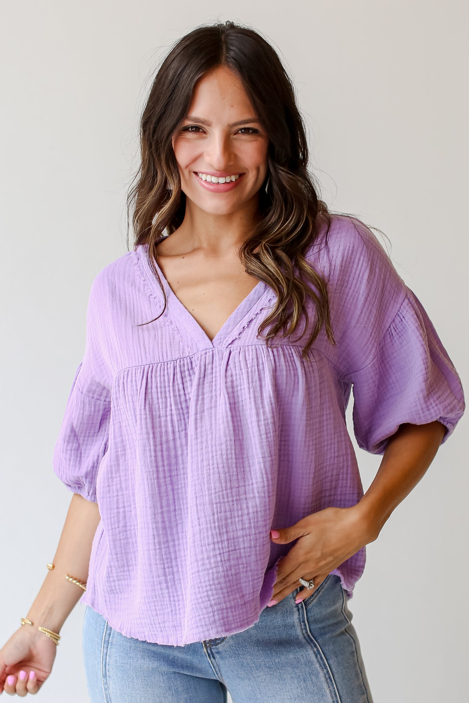 lavender Linen Babydoll Blouse close up