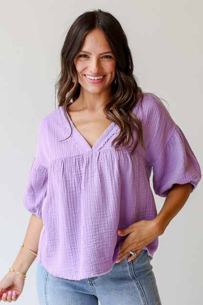 lavender Linen Babydoll Blouse close up