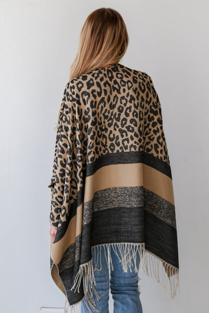 Brown Leopard Fringe Shawl on model