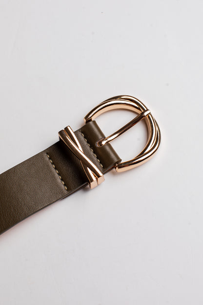 A close-up of a dark brown leather belt with a polished rose gold buckle, shown on a clean white background.