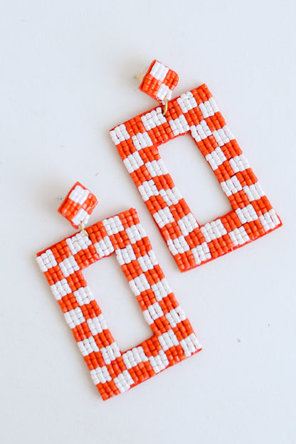 Orange + White Checkered Beaded Statement Earrings