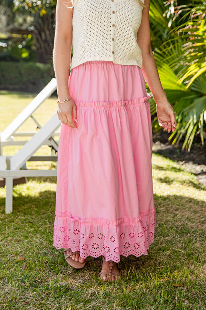 Pink lace-trim maxi skirt close-up detail