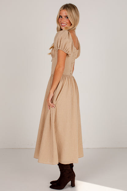 Countryside Letters Taupe Plaid Puff Sleeve Midi Dress