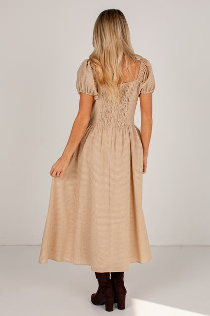 Countryside Letters Taupe Plaid Puff Sleeve Midi Dress