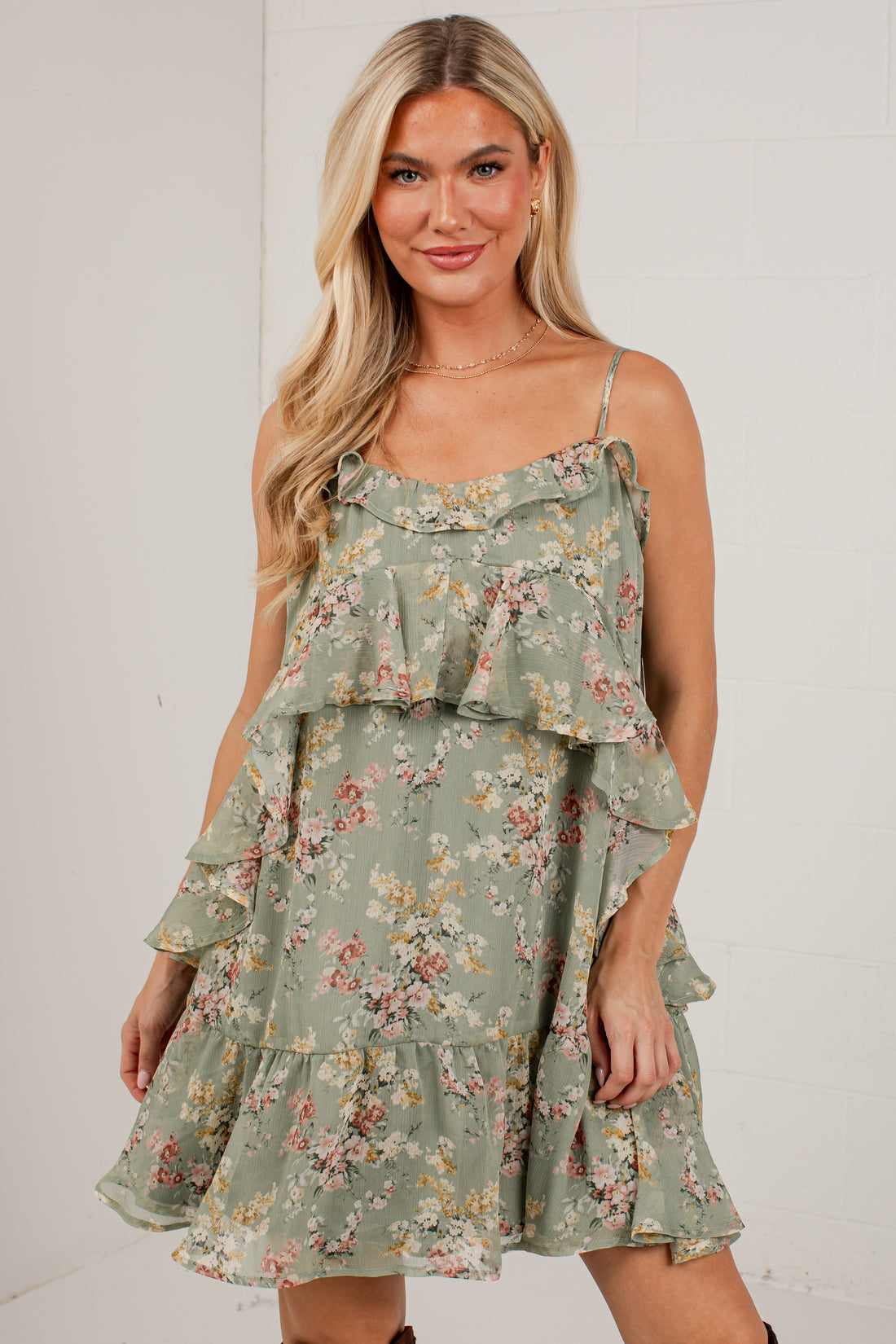 FINAL SALE - Falling Petals Sage Tiered Mini Dress