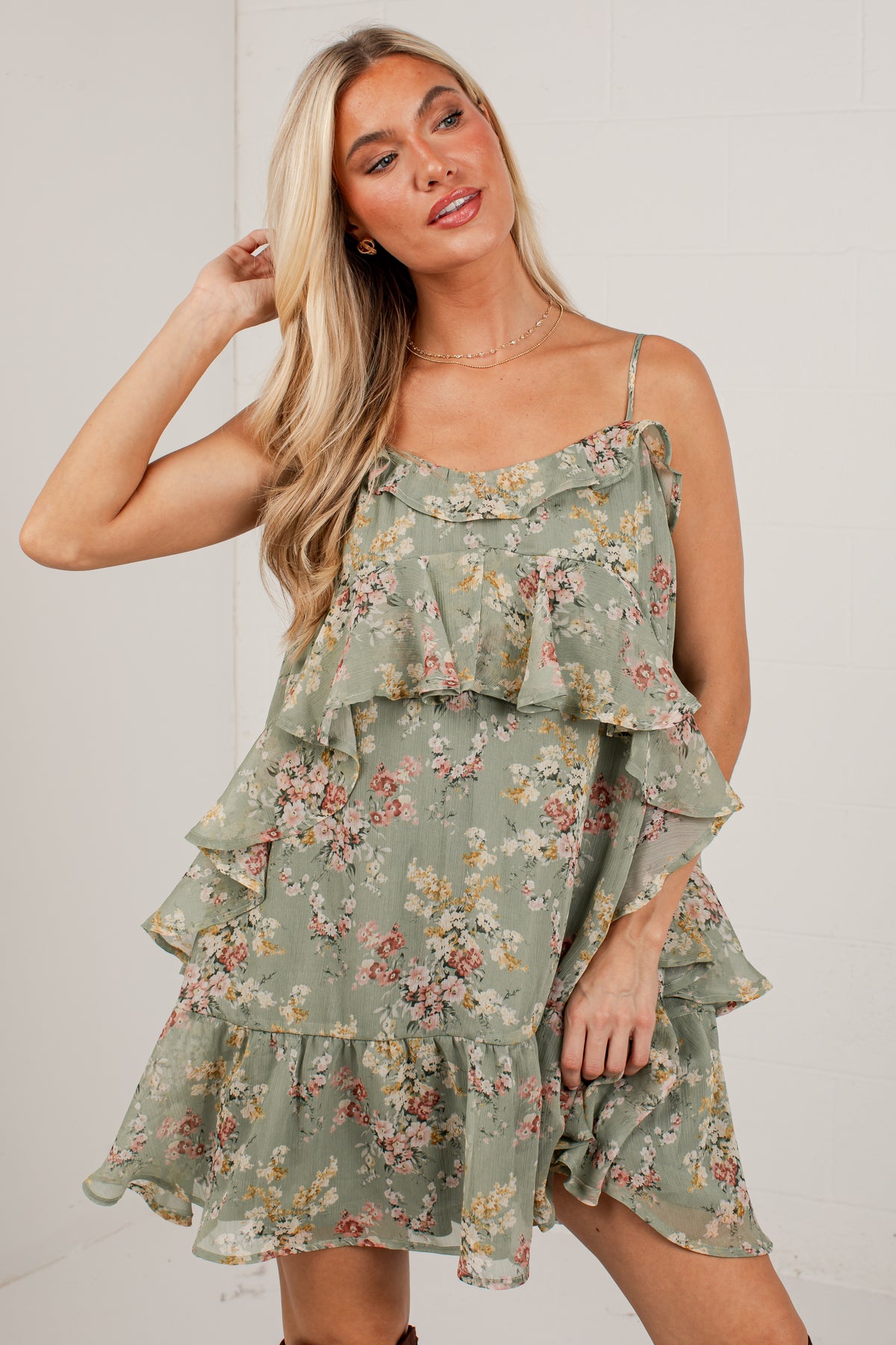FINAL SALE - Falling Petals Sage Tiered Mini Dress