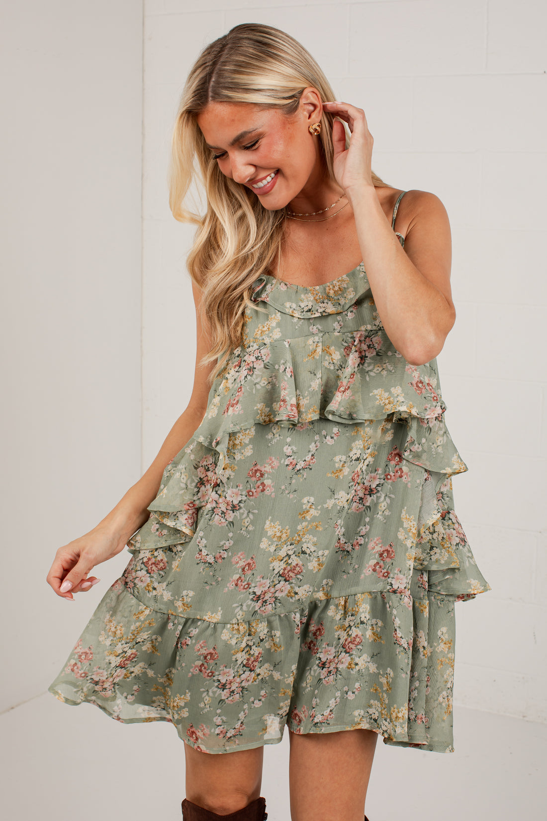 FINAL SALE - Falling Petals Sage Tiered Mini Dress