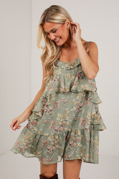 FINAL SALE - Falling Petals Sage Tiered Mini Dress