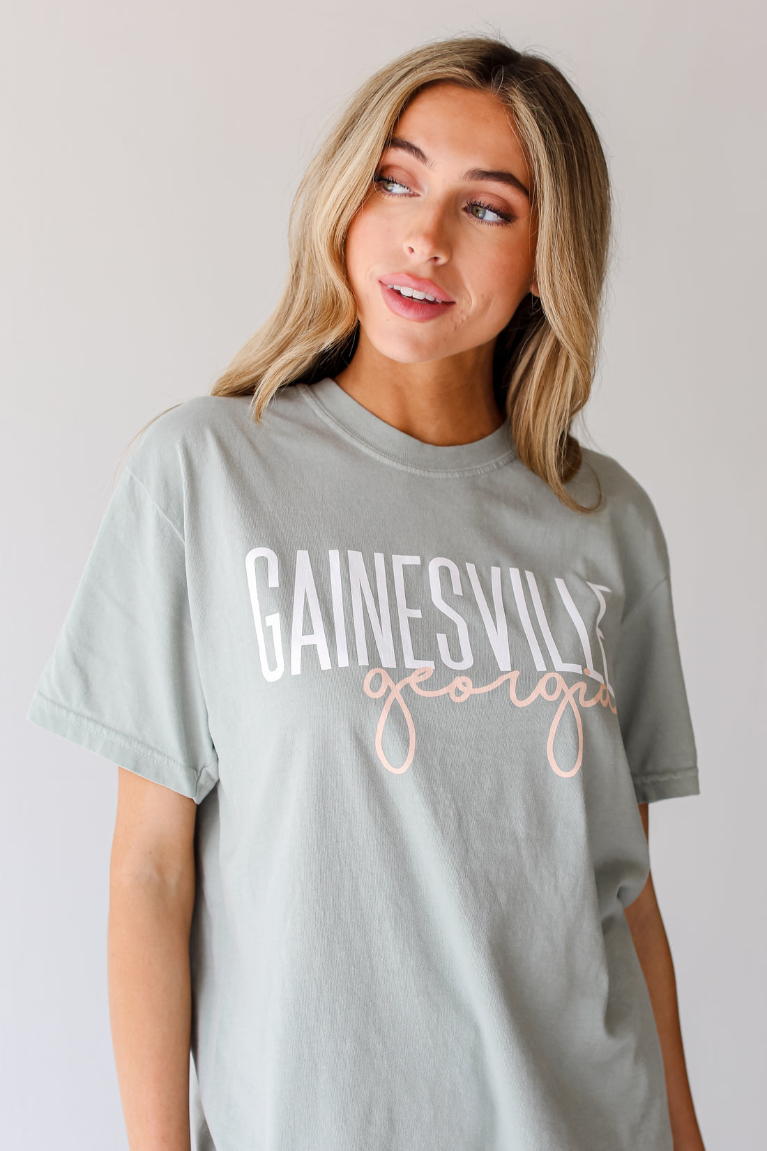 Sage Wednesbury Georgia Script Tee on model