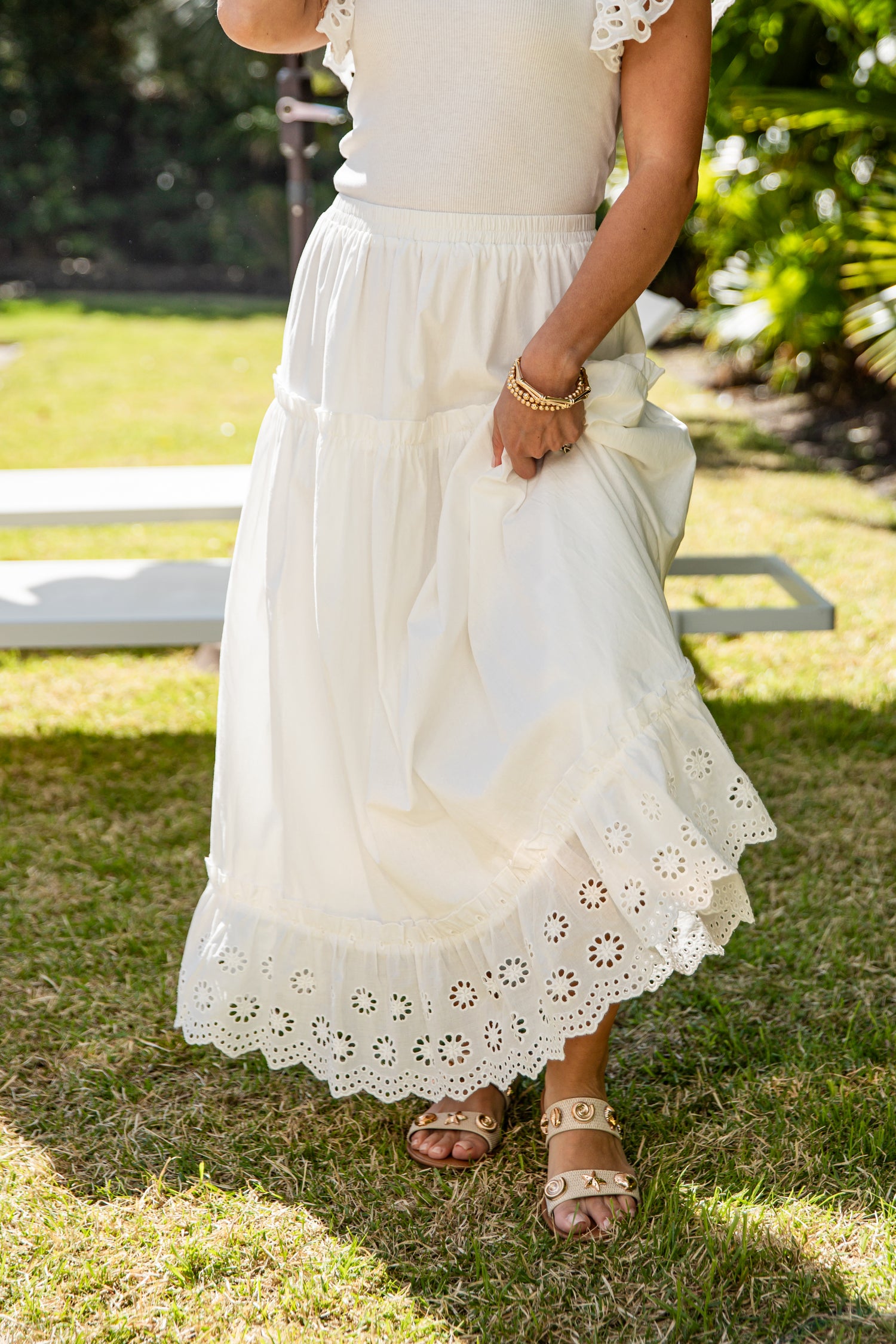 Cream flowy maxi skirt side detail