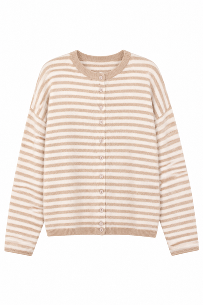 A beige and cream striped button-up cardigan sweater with a crew neck and ribbed cuffs and hem, shown against a plain white background.