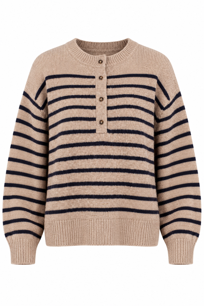A beige and black horizontally striped knit sweater with a short button placket, ribbed cuffs, and a ribbed hem, shown against a plain white background.
