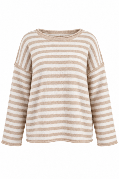 A beige and off-white horizontally striped long-sleeve knit top with a crew neck, shown against a plain white background.
