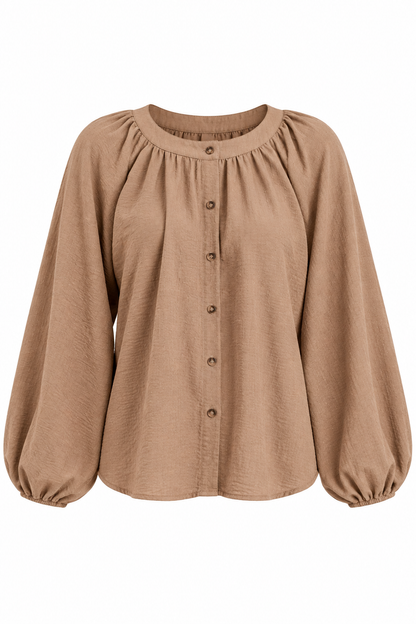 A taupe brown long-sleeve blouse with a gathered round neckline, front button closure, and voluminous balloon sleeves, shown against a plain white background.