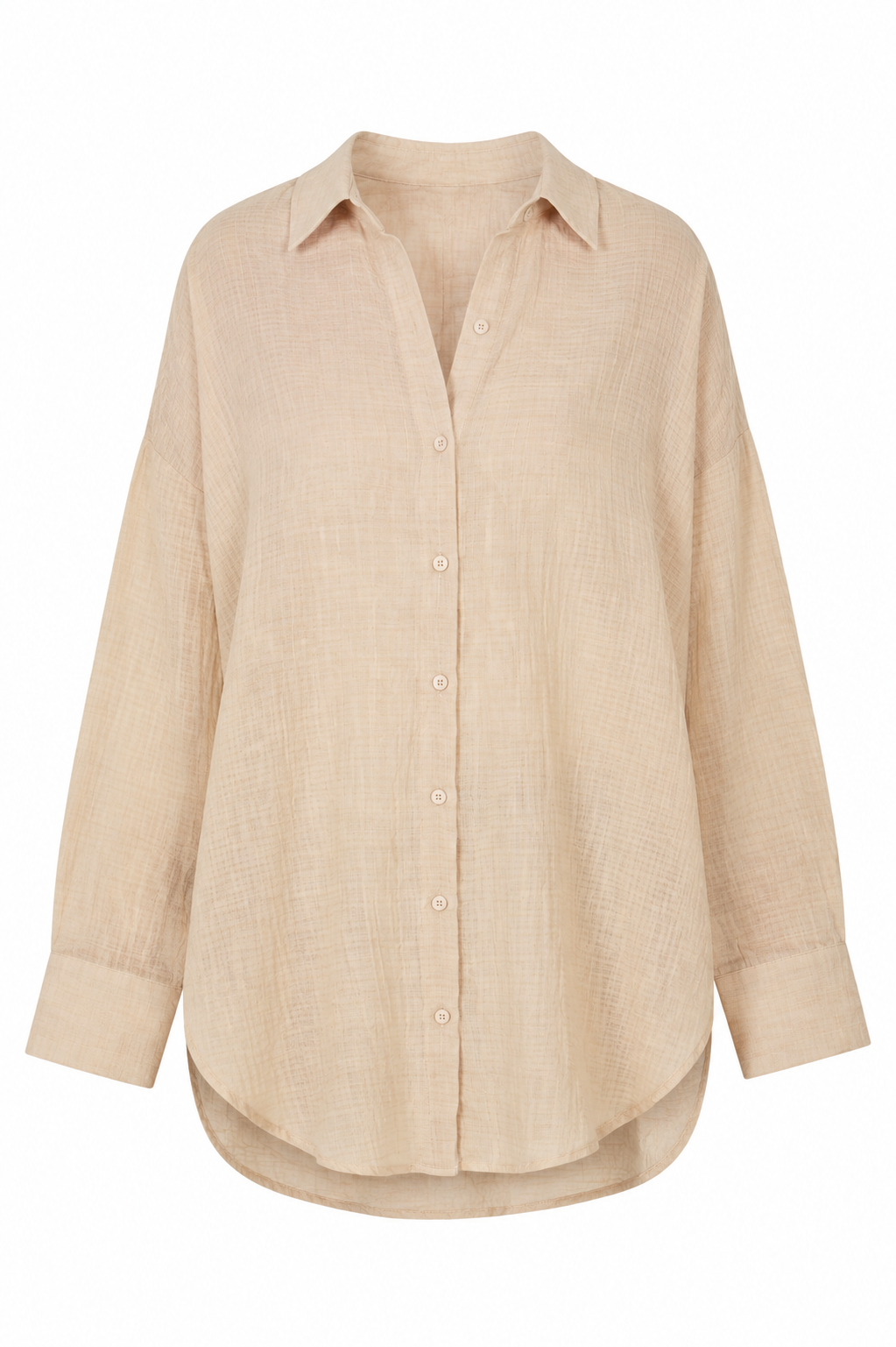 A light beige linen button-up shirt with a relaxed, oversized fit, long sleeves, and a pointed collar, shown against a plain white background.