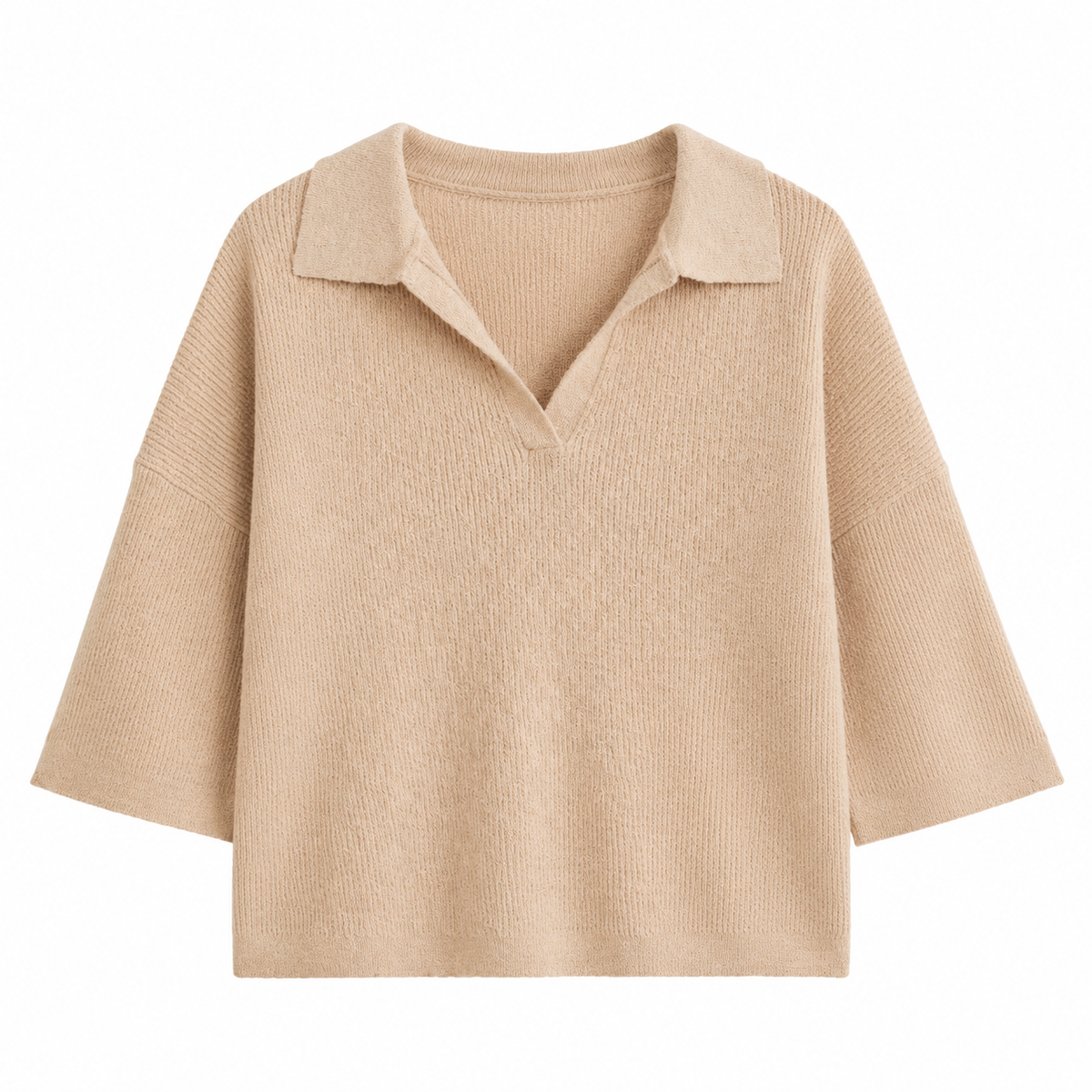 A beige ribbed knit polo sweater with a wide collar and three-quarter sleeves, shown against a plain white background.