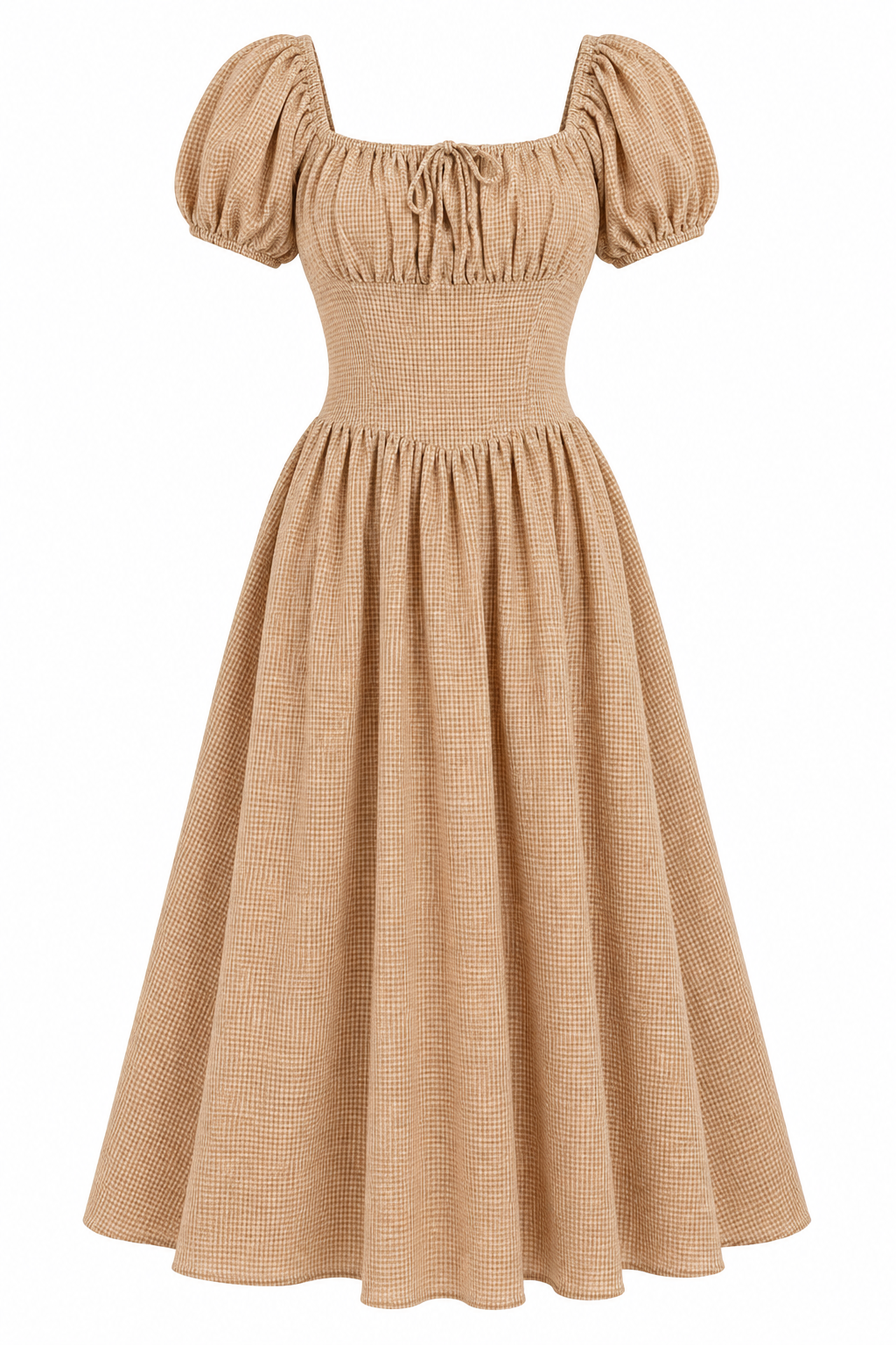 Countryside Letters Taupe Plaid Puff Sleeve Midi Dress