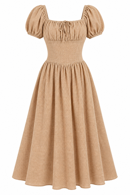 Countryside Letters Taupe Plaid Puff Sleeve Midi Dress