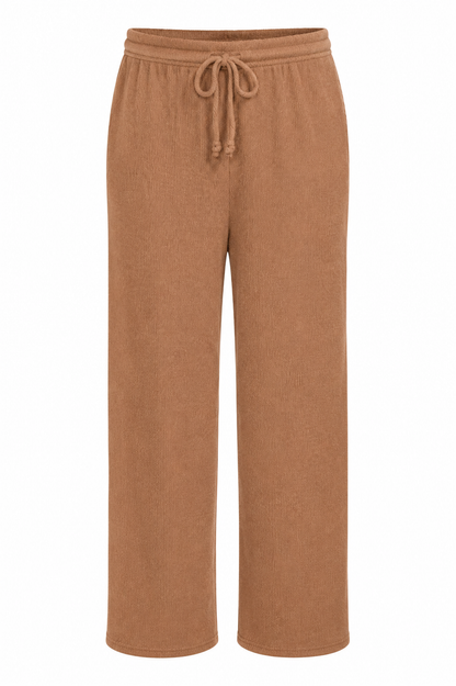 A pair of wide-leg cropped pants in a warm camel brown color, featuring an elastic waistband with a matching drawstring, shown against a plain white background.