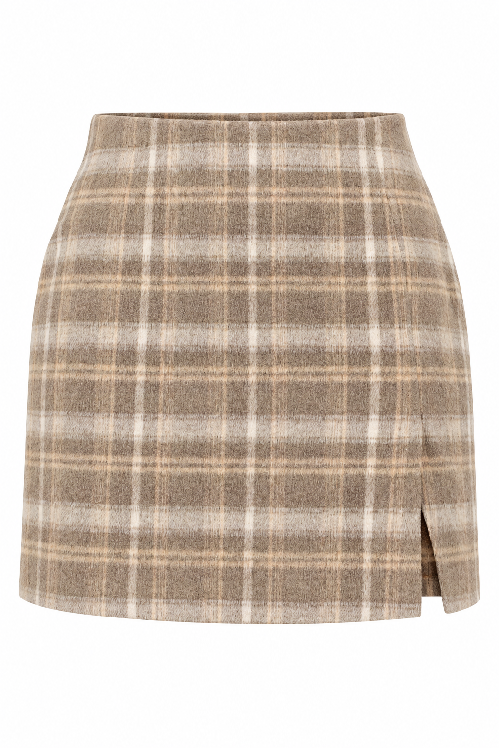 A high-waisted plaid mini skirt in a beige, brown, and white pattern, featuring a side slit at the hem.
