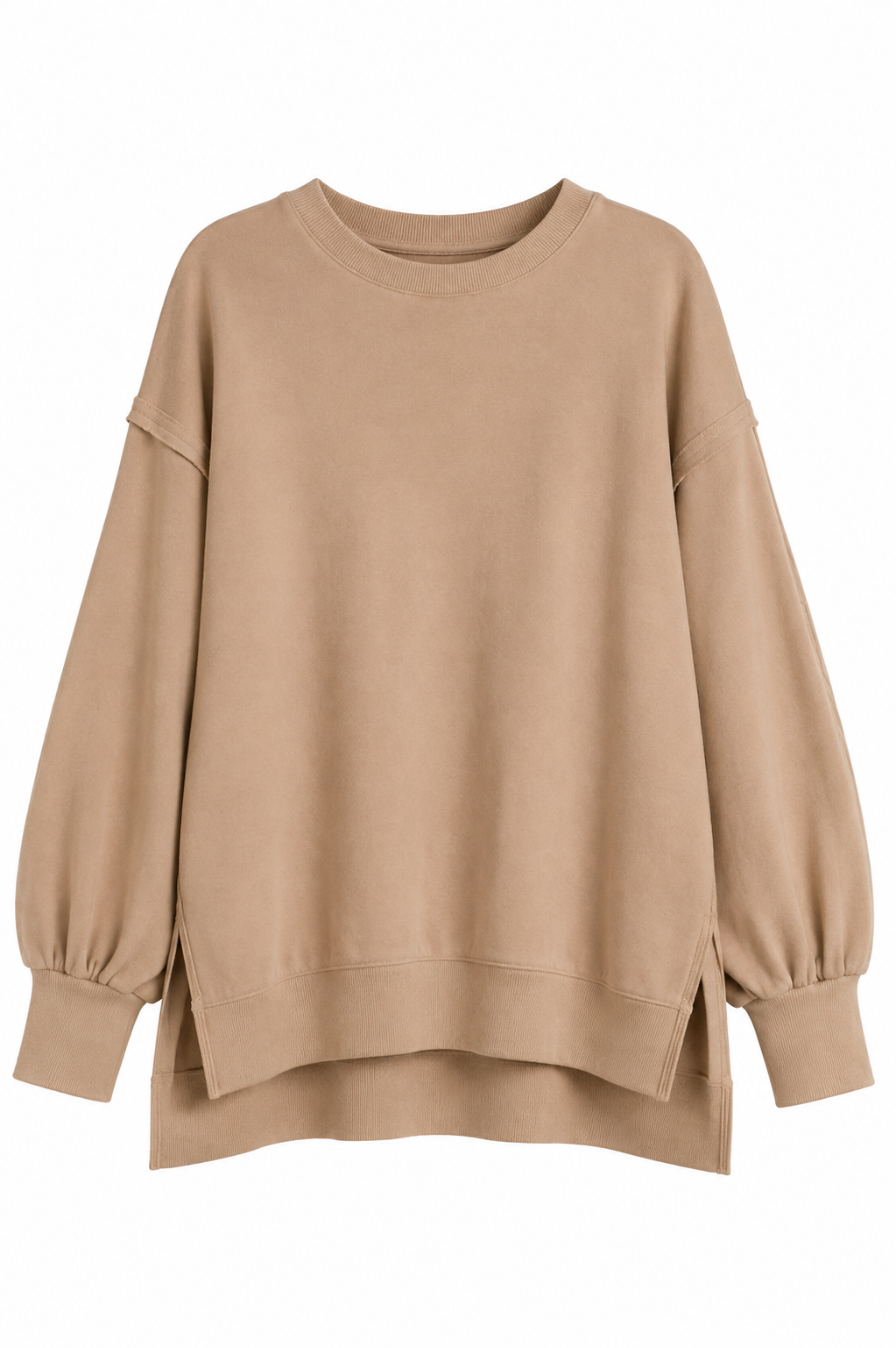 A beige crewneck sweatshirt with balloon sleeves and a high-low hem, shown against a plain white background.