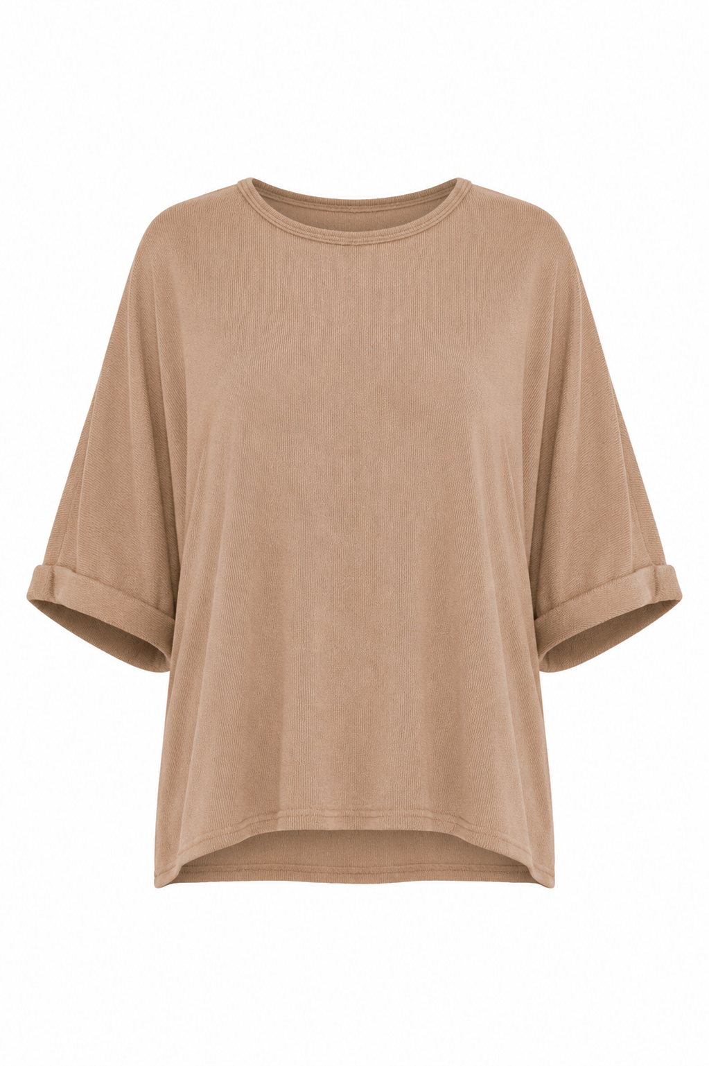 A loose-fitting short-sleeve t-shirt in a warm tan or camel color, featuring rolled cuffs and a relaxed silhouette, shown against a plain white background.