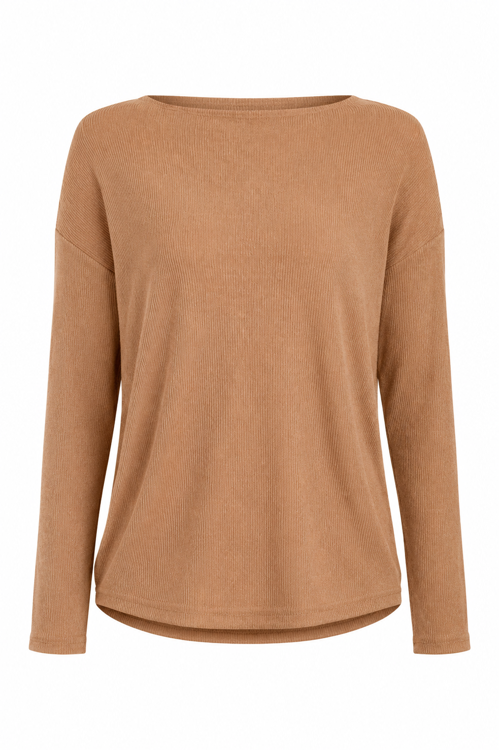 A long-sleeve knit top in a warm camel brown color, shown against a plain white background.
