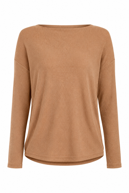A long-sleeve knit top in a warm camel brown color, shown against a plain white background.