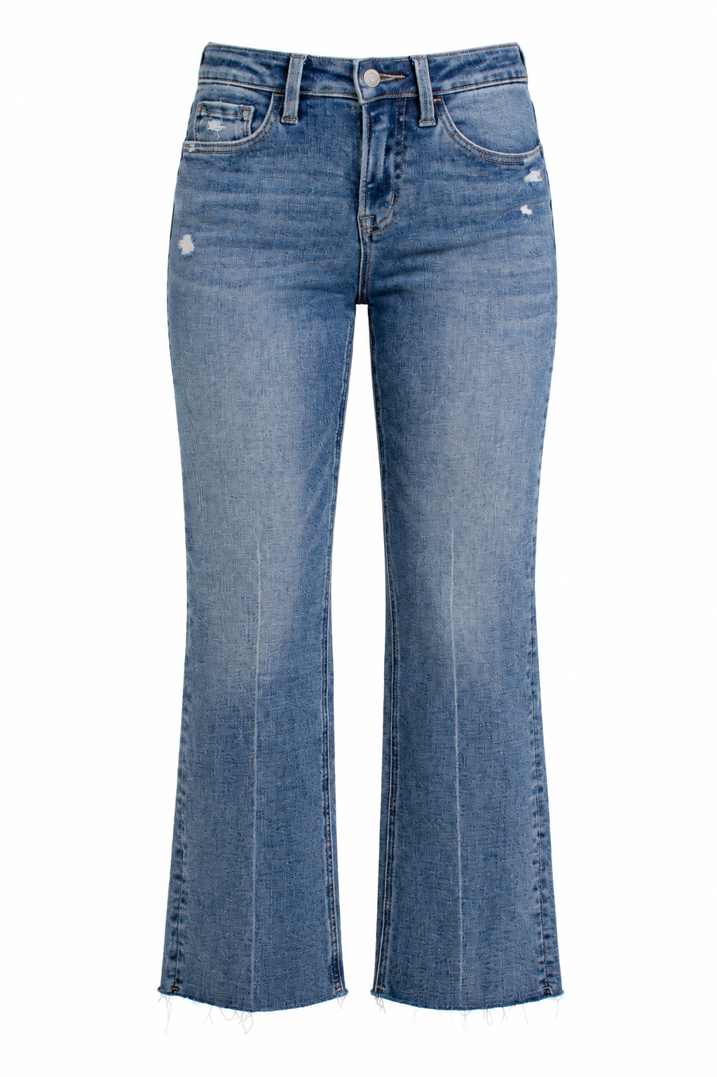 Medium wash blue denim flare jeans with a frayed hem, shown against a plain white background.